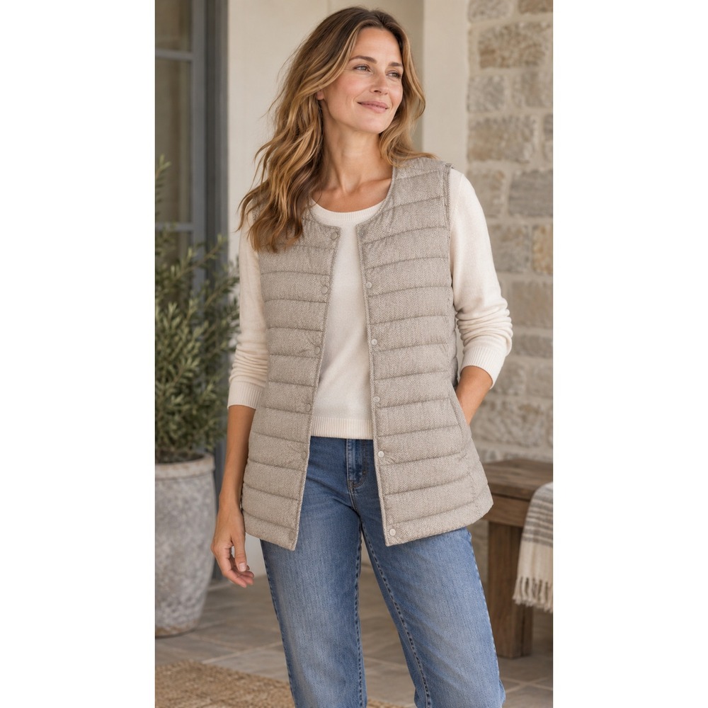 J.Jill Women's Down Puffer Vest Tan Herringbone Print Snap Front Pockets- Large